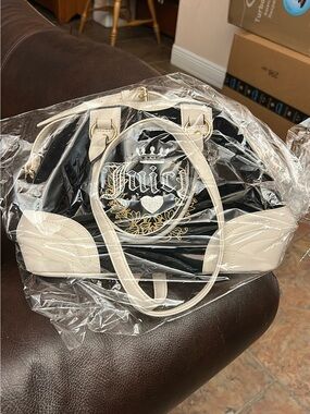 Juicy Couture Black and Cream Logo Satchel with Gold Embroidery